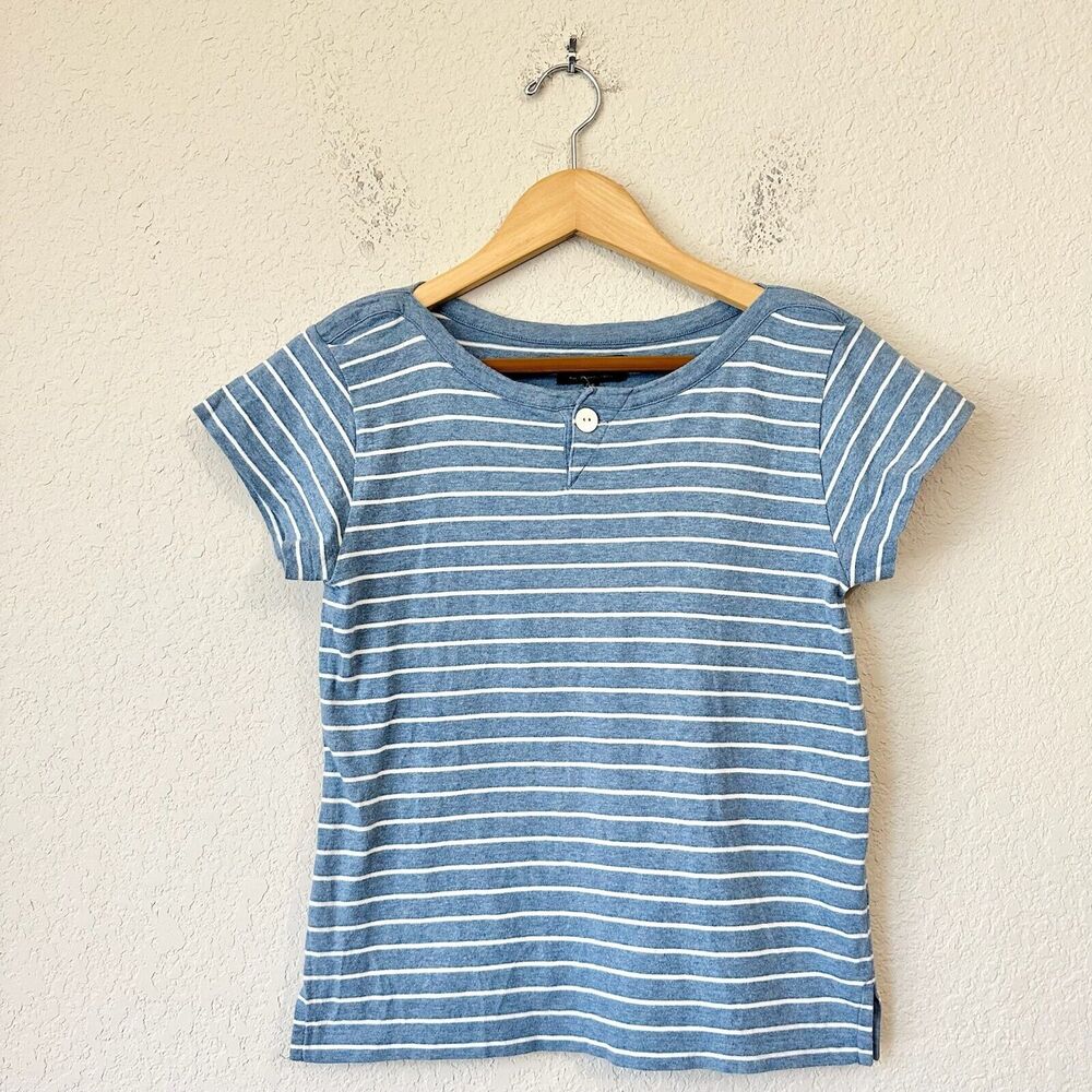 NWOT A.P.C. Striped Crew Neck One-Button Henley T-Shirt in Heather Blue